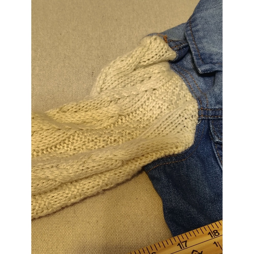 Forever 21 Denim Jacket Cream Knit Sleeve Combo Trucker Style Blue - Picture 5 of 8
